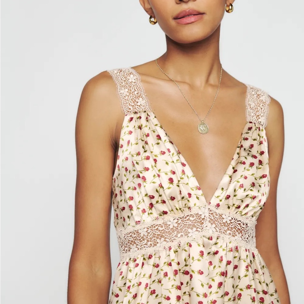 Reformation Cream Floral Lace-Trim Mini Dress with Pink Roses